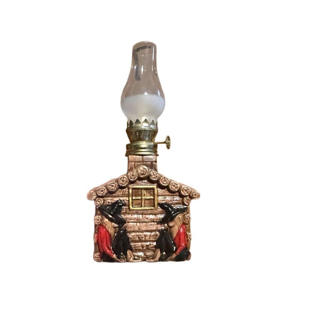 Vintage 1960s Ceramic Mini Log Cabin Mountain Men Kerosene Oil Lamp 8.5”